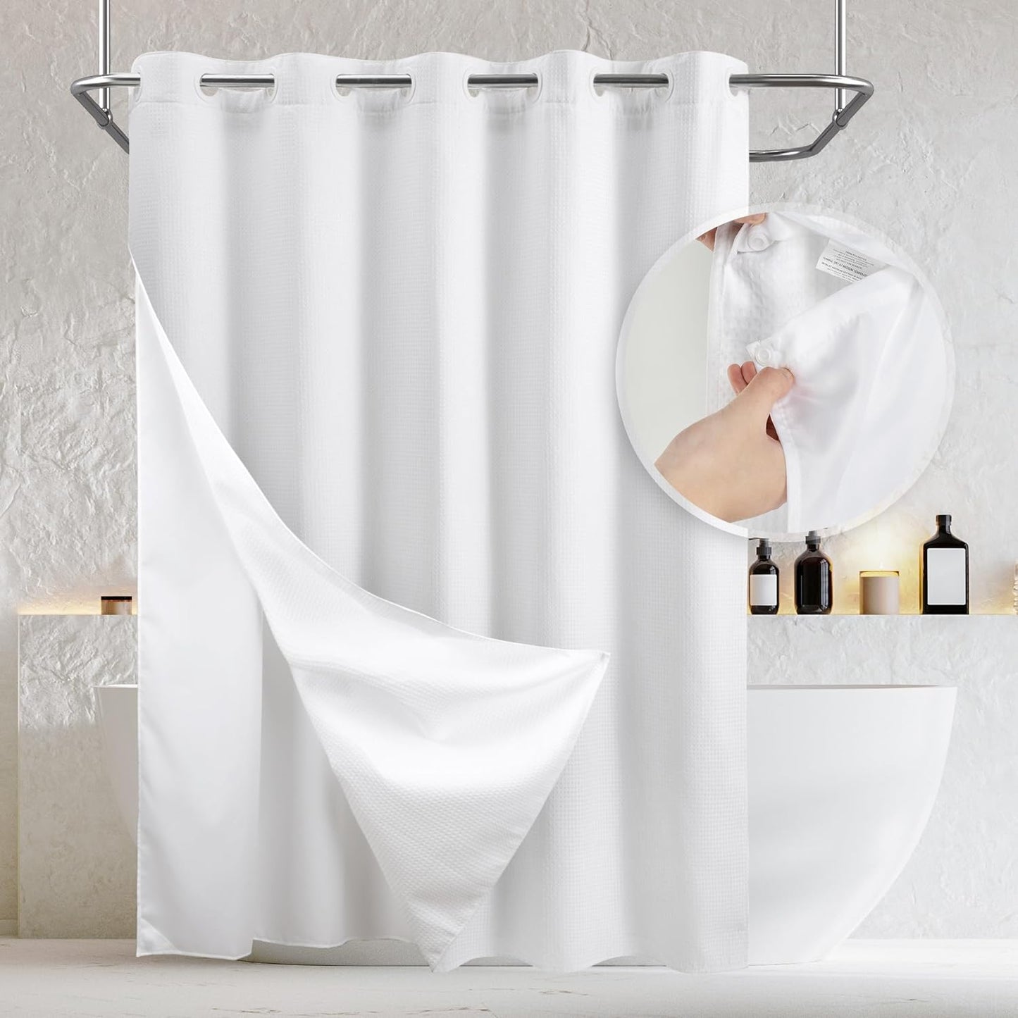 Barossa Design No Hooks Waffle Weave Shower Curtain with Snap in Liner