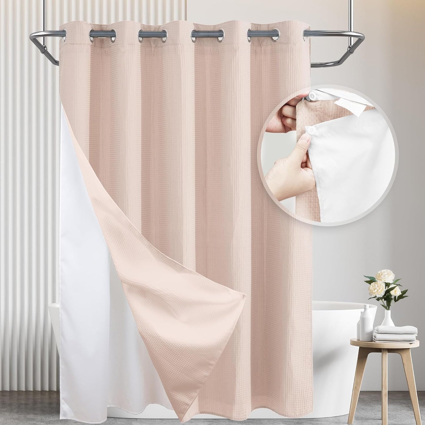 Barossa Design No Hooks Waffle Weave Shower Curtain with Snap in Liner