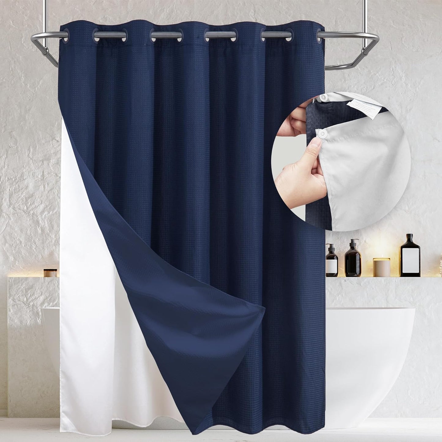 Barossa Design No Hooks Waffle Weave Shower Curtain with Snap in Liner