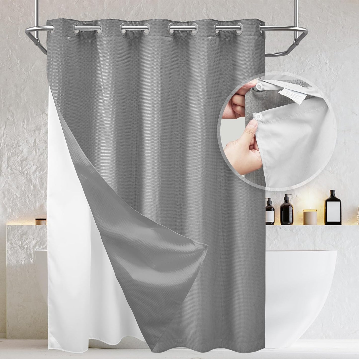 Barossa Design No Hooks Waffle Weave Shower Curtain with Snap in Liner
