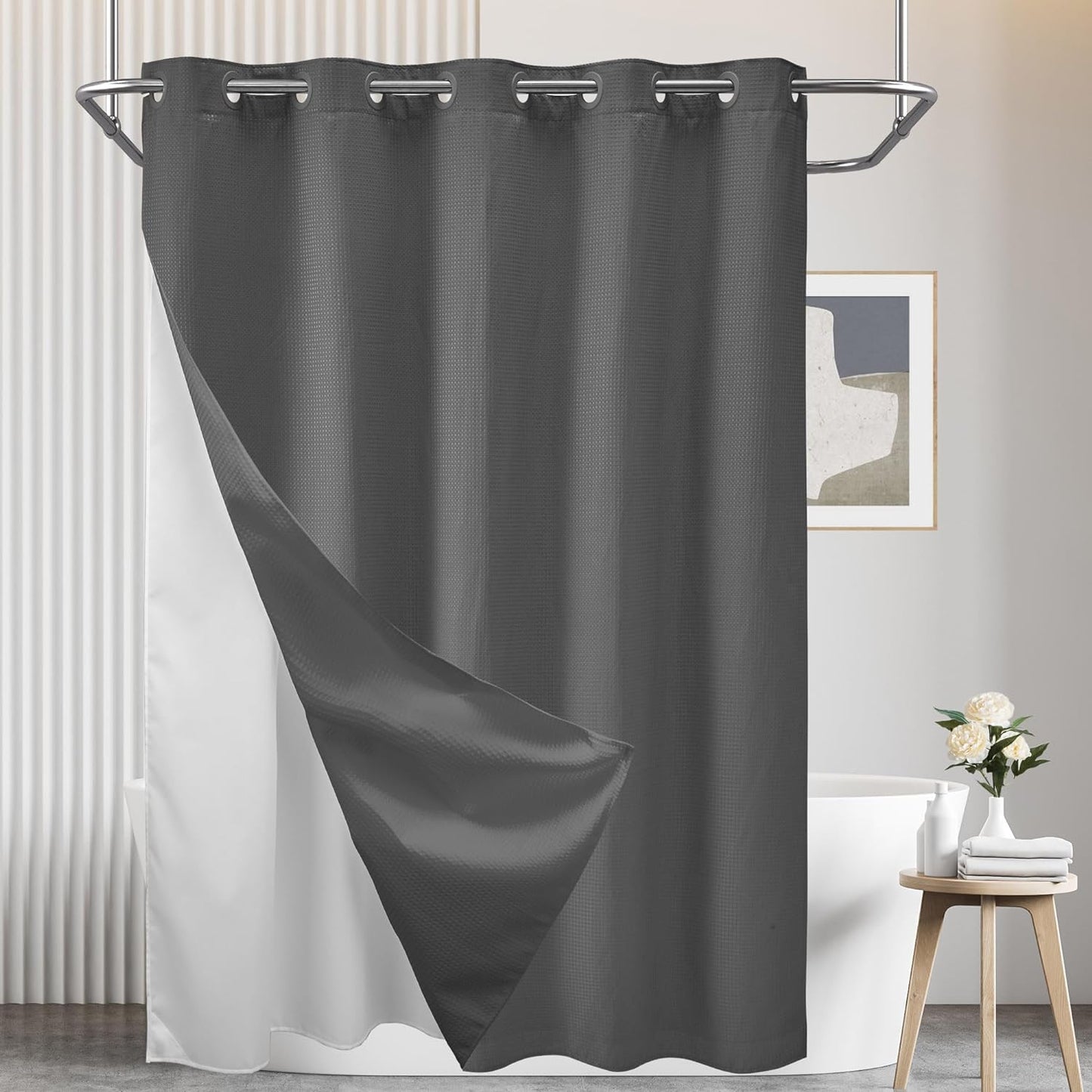 Barossa Design No Hooks Waffle Weave Shower Curtain with Snap in Liner