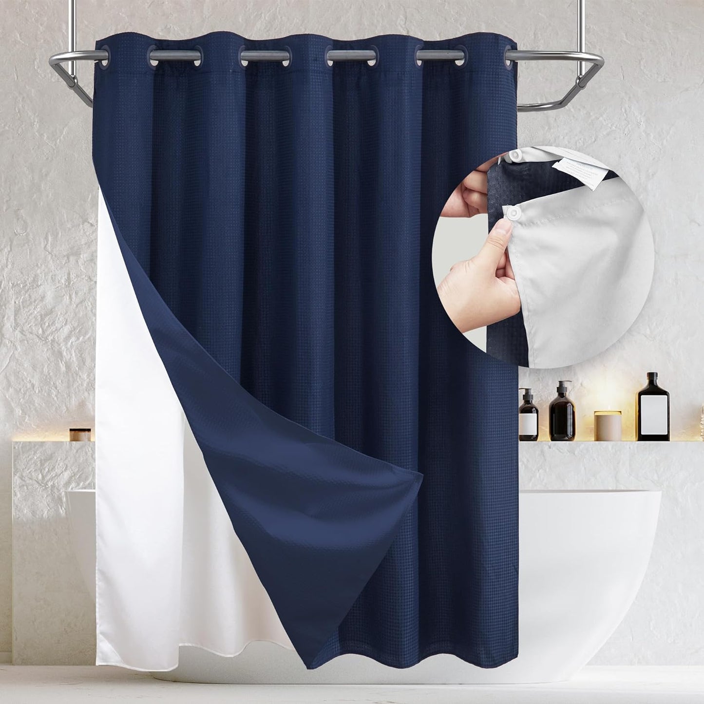 Barossa Design No Hooks Waffle Weave Shower Curtain with Snap in Liner
