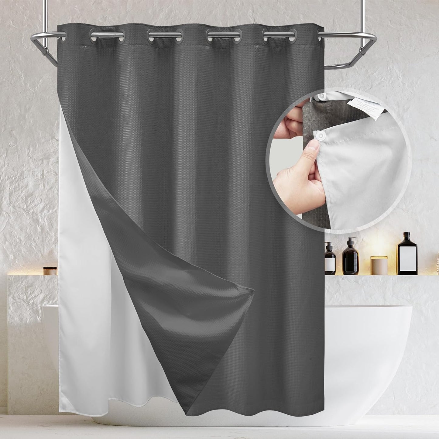 Barossa Design No Hooks Waffle Weave Shower Curtain with Snap in Liner