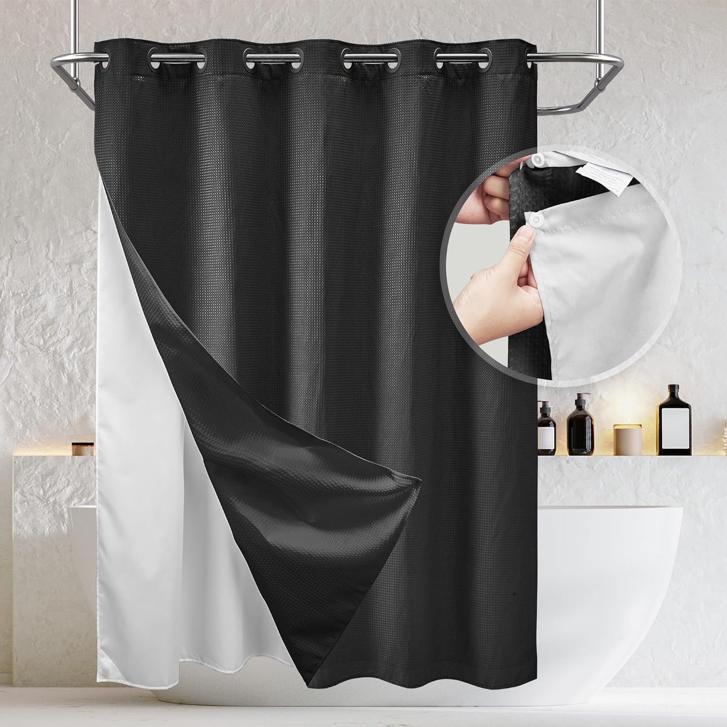 Barossa Design No Hooks Waffle Weave Shower Curtain with Snap in Liner