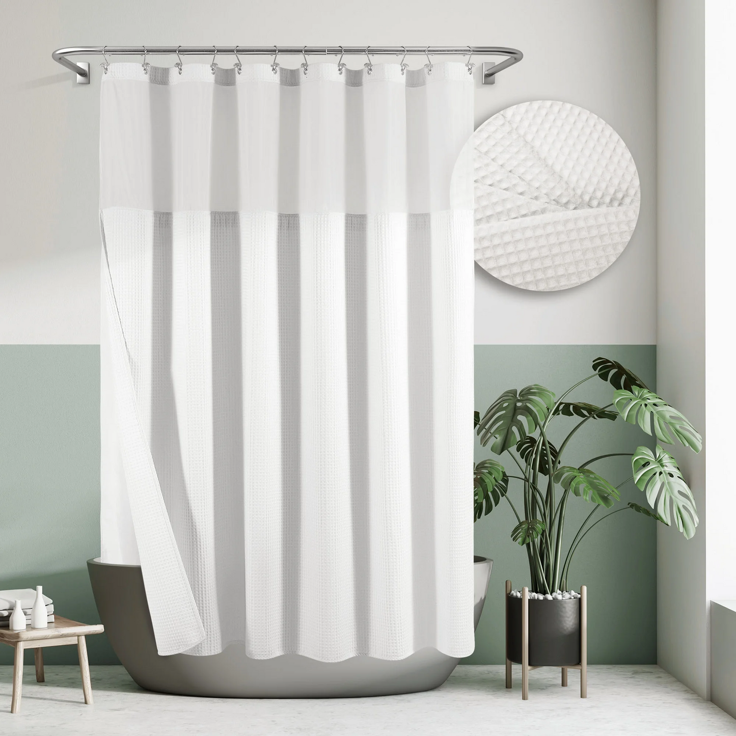 Barossa Design Cotton Blend Waffle Weave Shower Curtain with Snap-in Fabric Liner, Mesh Window Top