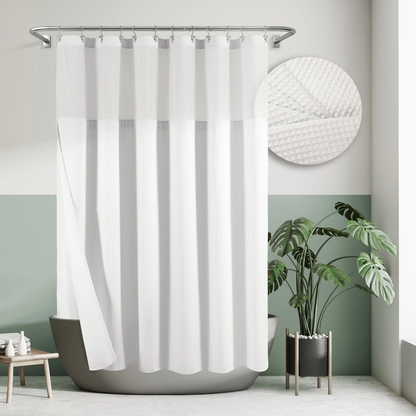 Barossa Design Cotton Blend Waffle Weave Shower Curtain with Snap-in Fabric Liner, Mesh Window Top