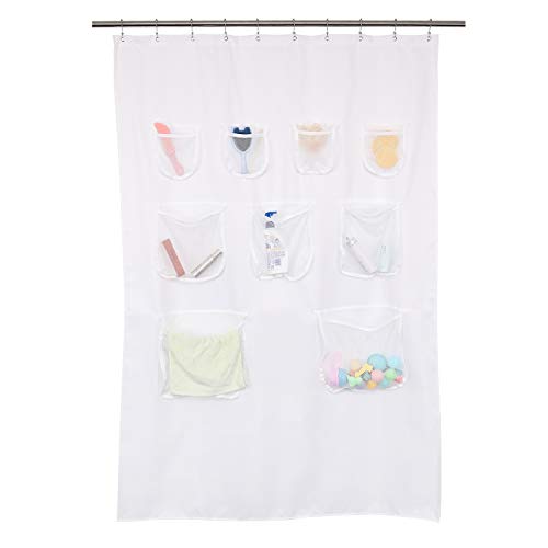Barossa Design Water-Repellent Fabric Shower Curtain or Liner with 9 Handy Mesh Pockets