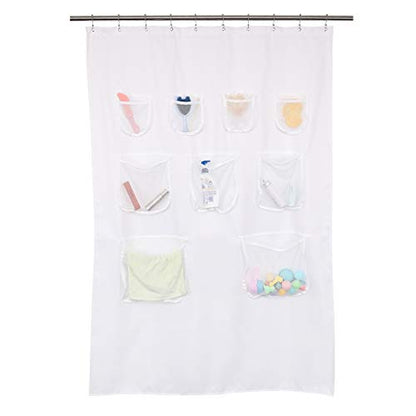 Barossa Design Water-Repellent Fabric Shower Curtain or Liner with 9 Handy Mesh Pockets
