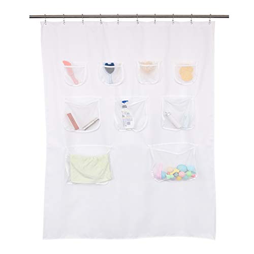 Barossa Design Water-Repellent Fabric Shower Curtain or Liner with 9 Handy Mesh Pockets