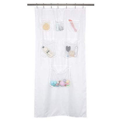 Barossa Design Water-Repellent Fabric Shower Curtain or Liner with 9 Handy Mesh Pockets