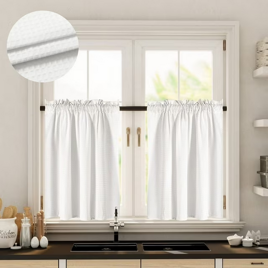 Barossa Design Short Waffle Kitchen Curtains Tier 36 Inch for Bathroom Light Filtering Cafe Curtains, Set of 2 -White