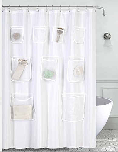 Barossa Design Water-Repellent Fabric Shower Curtain or Liner with 9 Handy Mesh Pockets