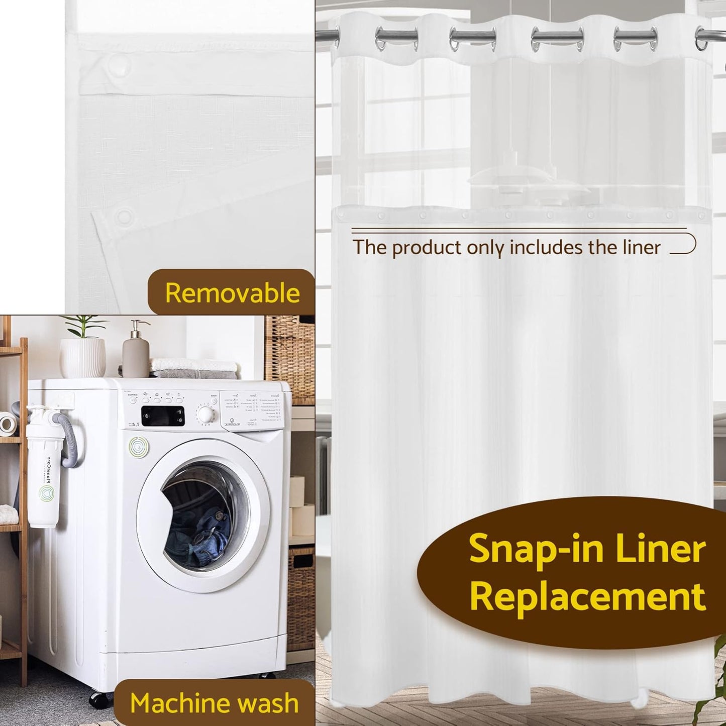 Barossa Design Fabric Snap-in Shower Curtain Liner Replacement, Removable & Washable, Hotel Style, 70x54, White