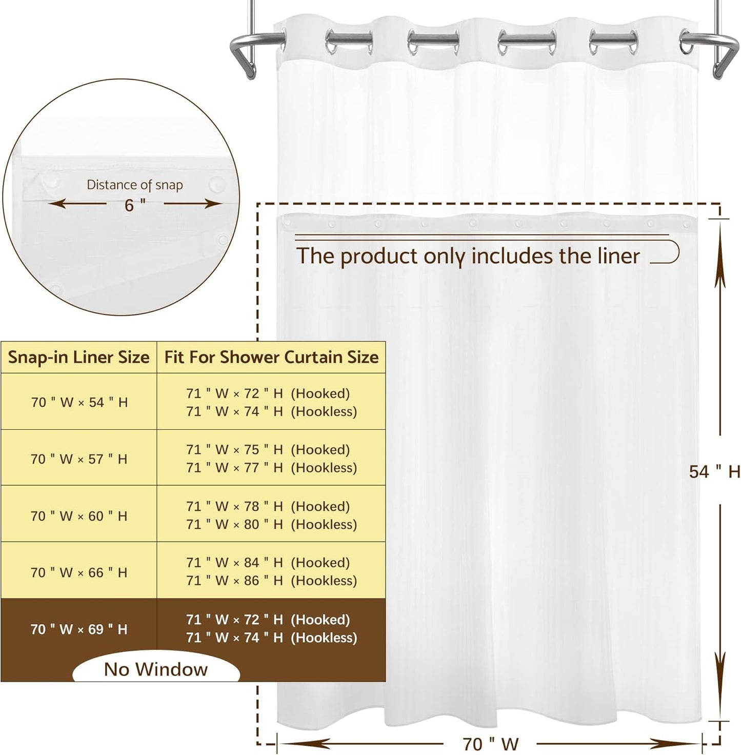 Barossa Design Fabric Snap-in Shower Curtain Liner Replacement, Removable & Washable, Hotel Style, 70x54, White