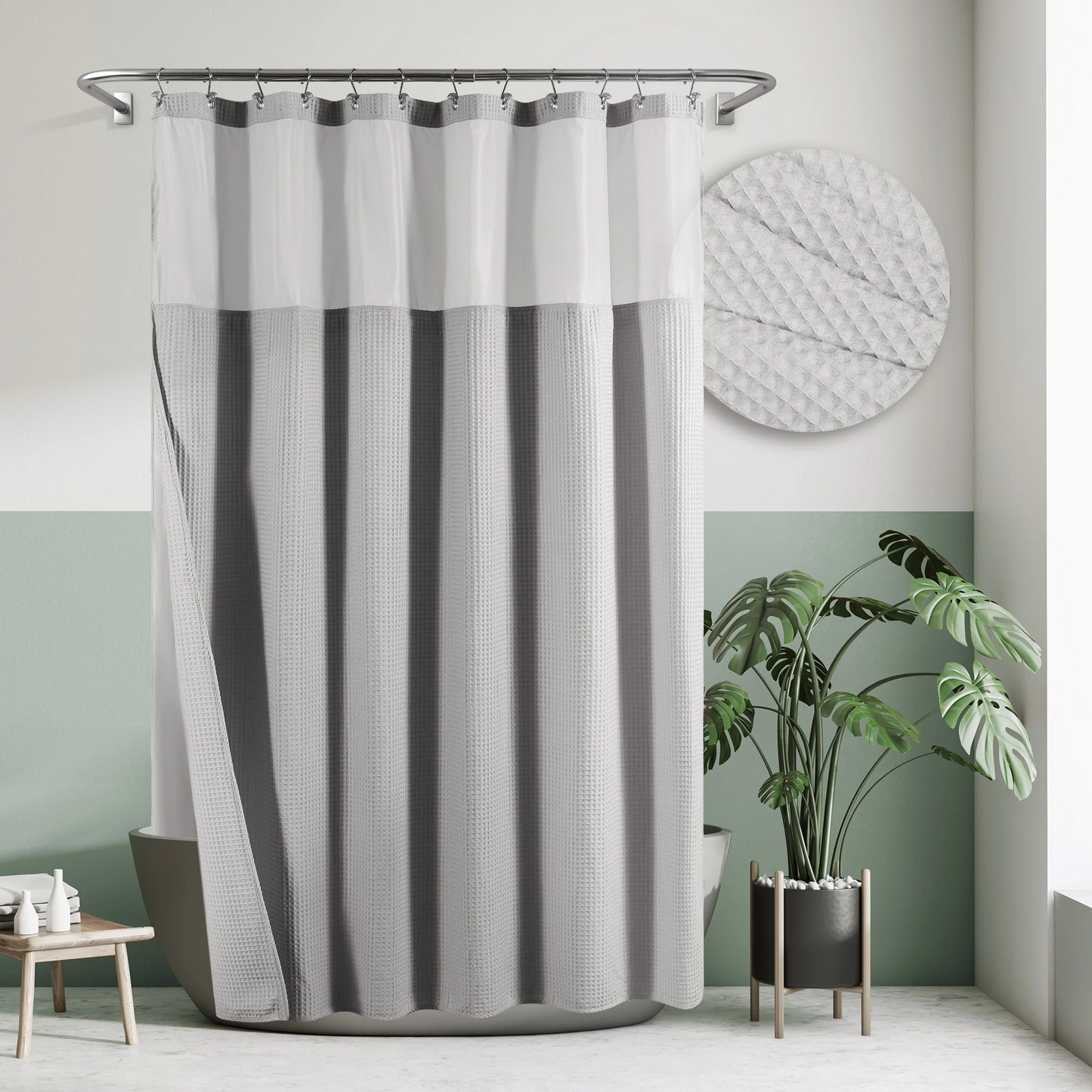Barossa Design Cotton Blend Waffle Weave Shower Curtain with Snap-in Fabric Liner, Mesh Window Top