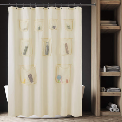 Barossa Design Water-Repellent Fabric Shower Curtain or Liner with 9 Handy Mesh Pockets