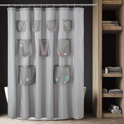 Barossa Design Water-Repellent Fabric Shower Curtain or Liner with 9 Handy Mesh Pockets