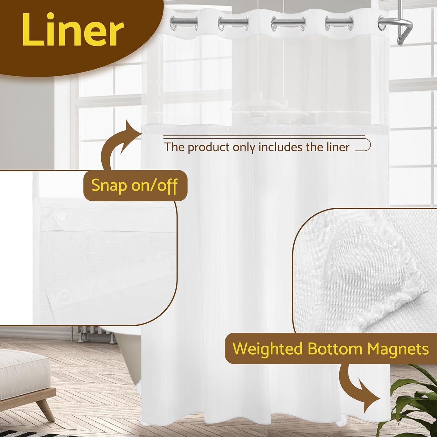 Barossa Design Fabric Snap-in Shower Curtain Liner Replacement, Removable & Washable, Hotel Style, 70x54, White