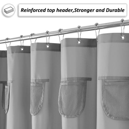 Barossa Design Water-Repellent Fabric Shower Curtain or Liner with 9 Handy Mesh Pockets