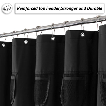Barossa Design Water-Repellent Fabric Shower Curtain or Liner with 9 Handy Mesh Pockets