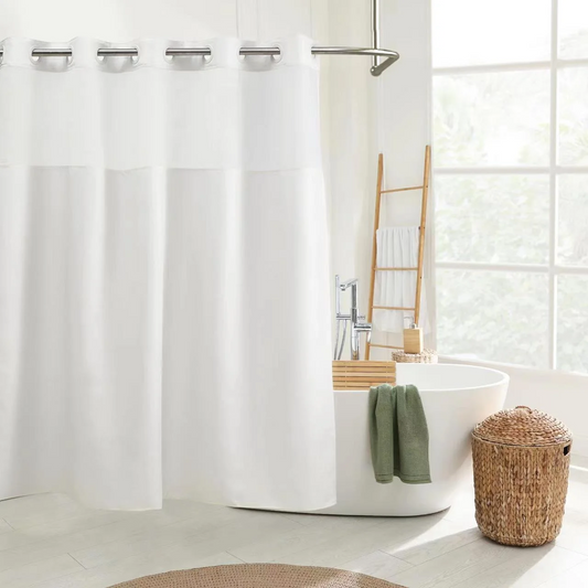 Barossa Design Fabric White Shower Curtain Liner No Hook Needed, Mesh Window