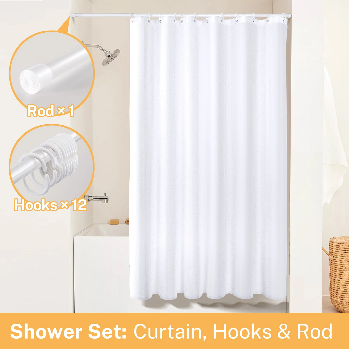 Barossa Design 3 in 1 Waterproof Shower Curtain Liner and Adjustable Shower Rod Set with 12 Hooks,Standard Size 72x72inch, White