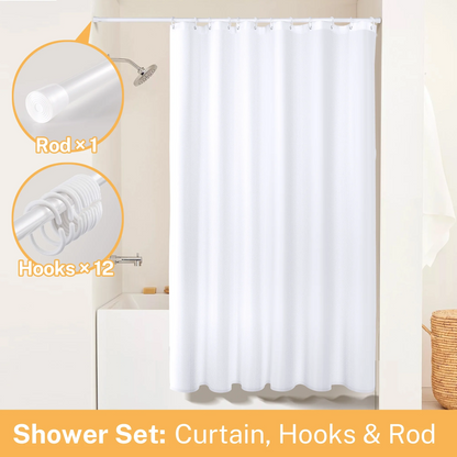 Barossa Design 3 in 1 Waterproof Shower Curtain Liner and Adjustable Shower Rod Set with 12 Hooks,Standard Size 72x72inch, White