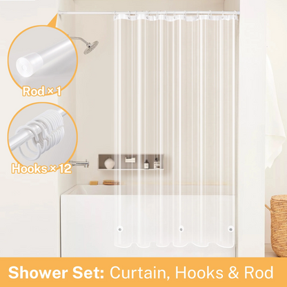 Barossa Design 3 in 1 Waterproof Shower Curtain Liner and Adjustable Shower Rod Set with 12 Hooks,Standard Size 72x72inch, White