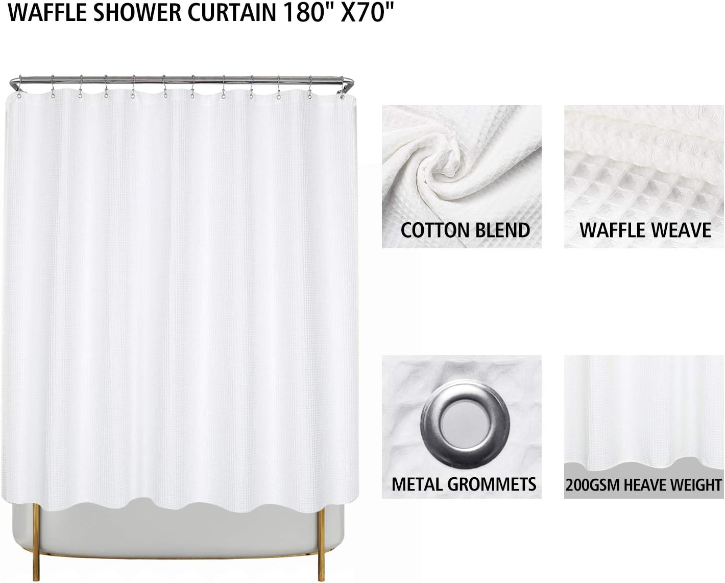 Barossa Design Soft & Hotel  Cotton Blend Shower Curtain Honeycomb Waffle Weave