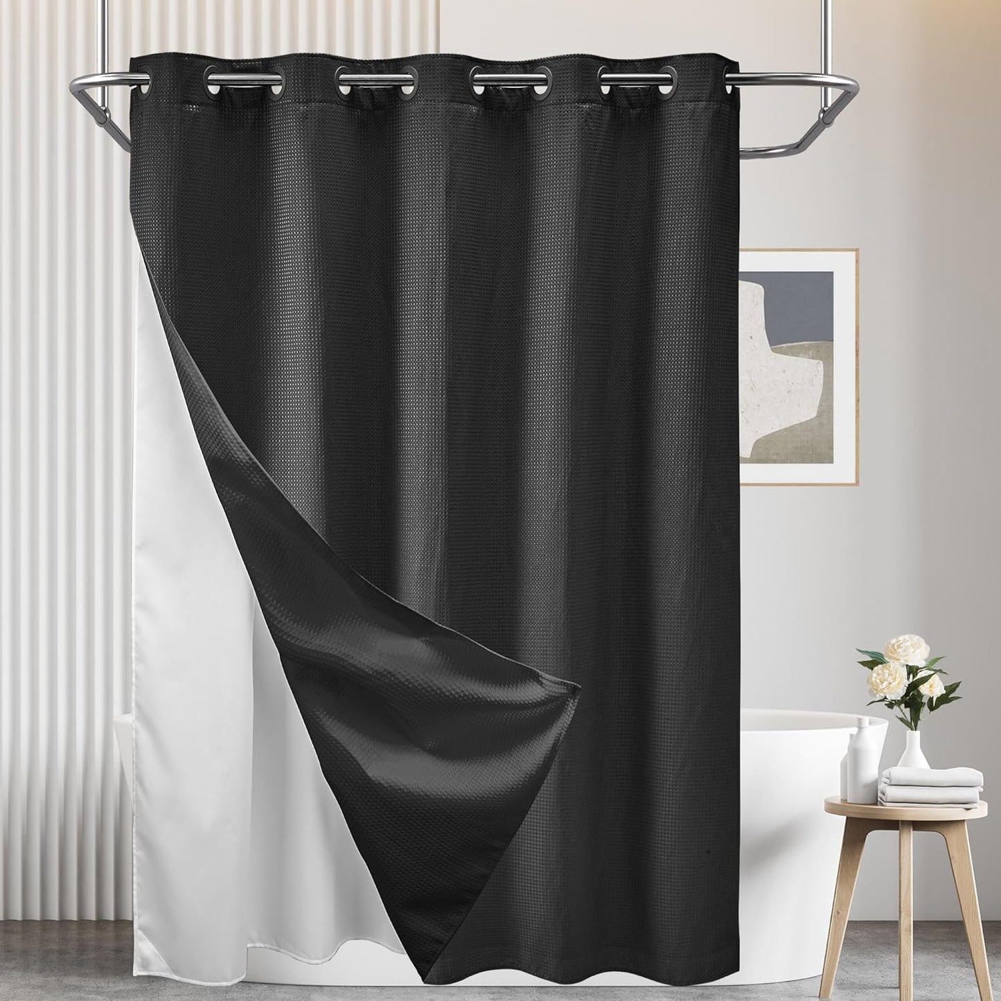Barossa  Design No Hooks Waffle Weave Shower Curtain with Snap in Liner